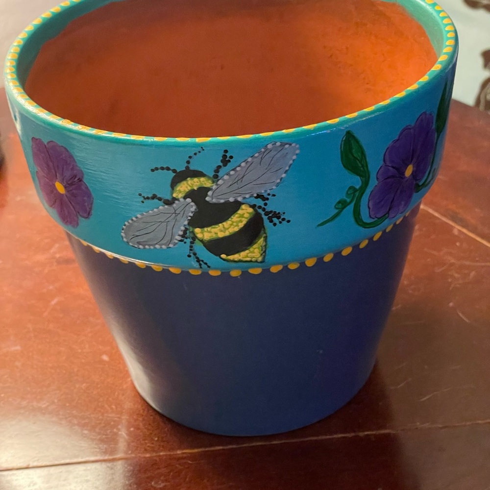 Hand crafted upcycled BEE Terra cotta pot painted blue purple yellow dots floral - Picture 12 of 14